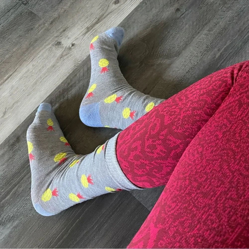 Pineapple Mid Calf Socks Grey Pink Yellow Good Used Condition Women’s